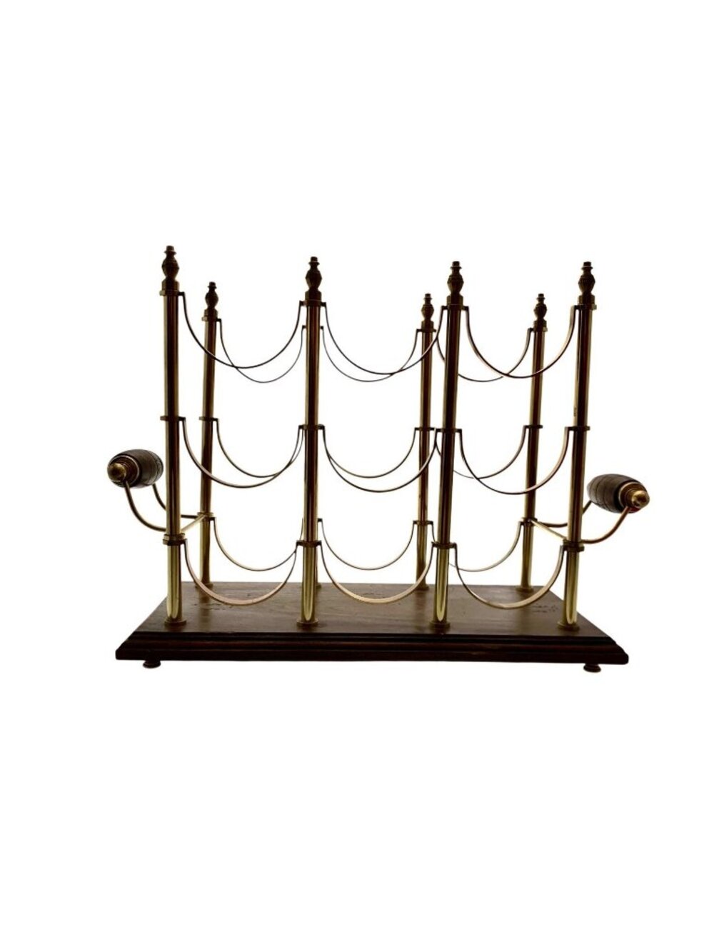 Wine Bottle Holder 6 Section Brass on Wood Base Vintage MCM Hollywood Regency